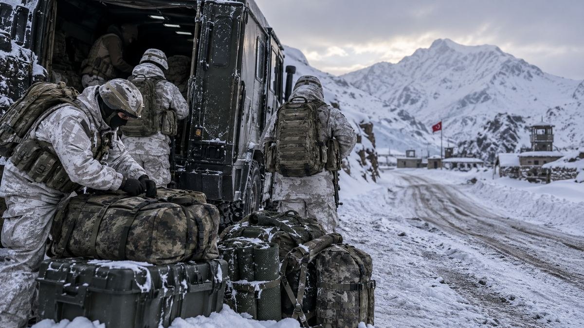 Karlı yolda bulunan askerî araç ve kış manzarası
