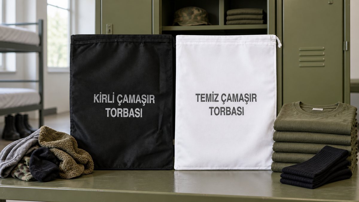 Askeri Malzemeci siyah kirli ve beyaz temiz çamaşır torbalarıyla asker dolap düzeni