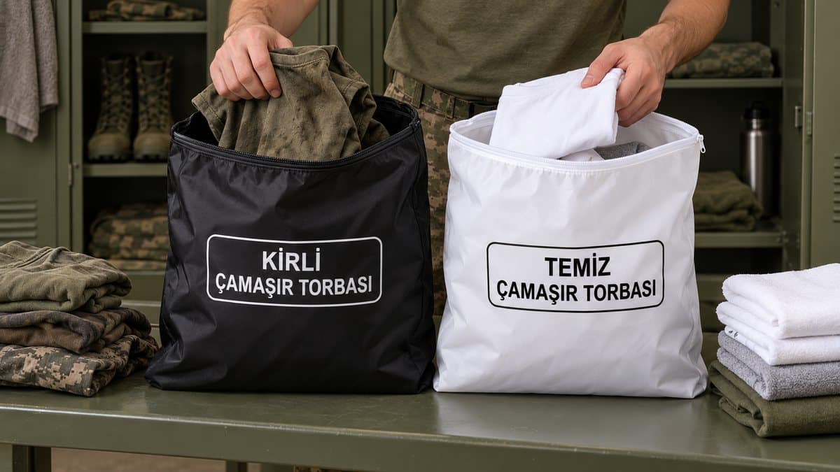 Askeri Malzemeci sitesindeki siyah kirli ve beyaz temiz çamaşır torbalarına kıyafet ayıran asker