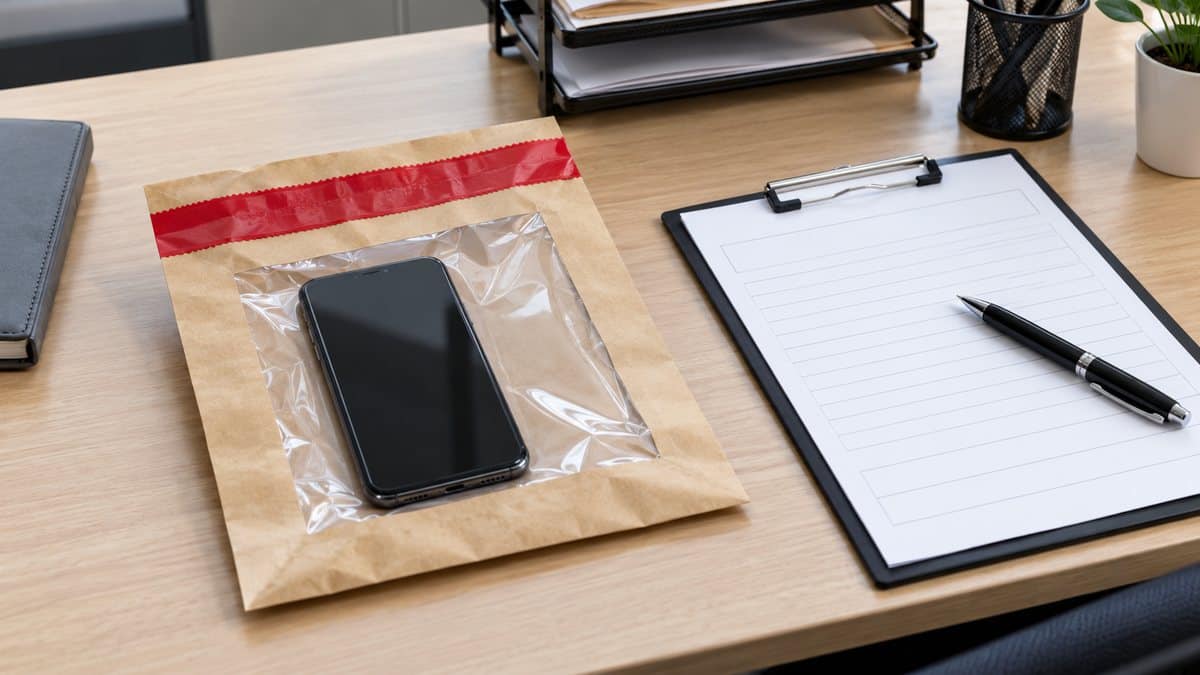 Muhafaza poşetindeki telefon ve boş teslim tutanağı