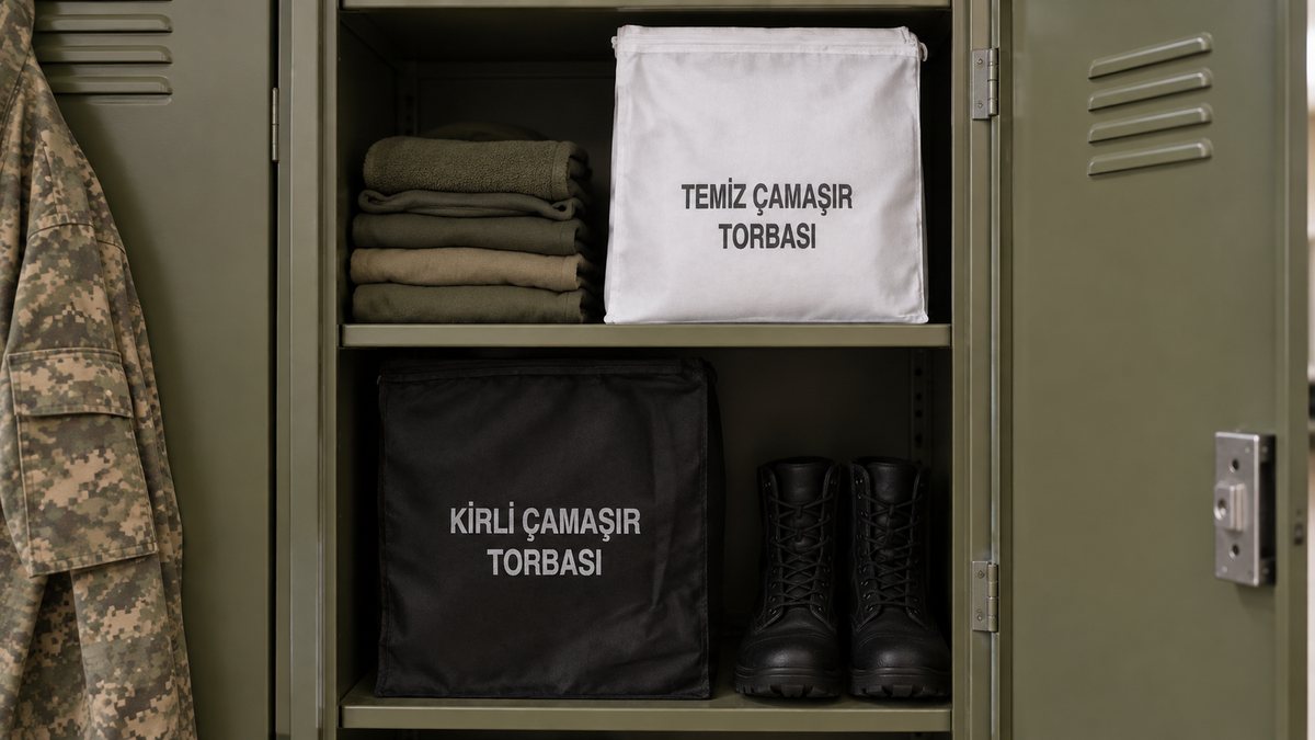 Beyaz temiz torba üst rafta siyah kirli torba ayrı alt bölümde duran asker dolabı